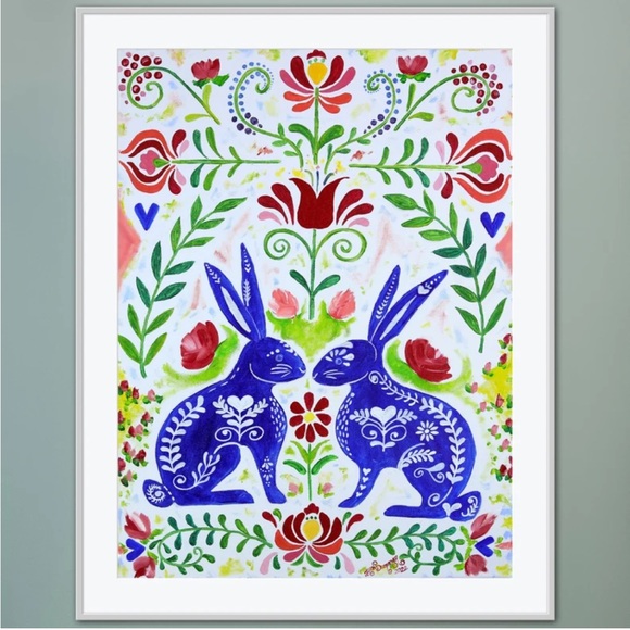 Oil Paintings by Aren Dummer Other - Scandinavian Rabbits Giclée Folk Art Print of Oil Painting Whimsical Rosemaling
